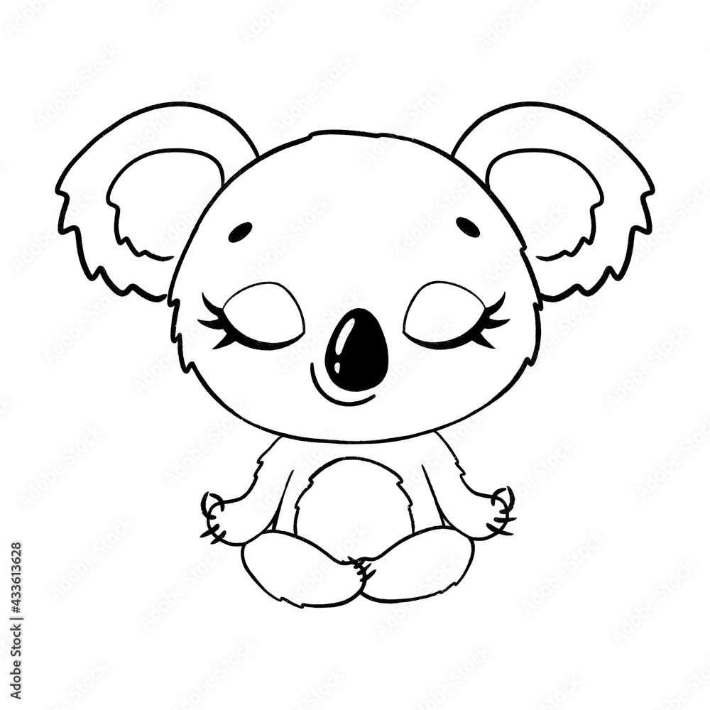 Doodle cute cartoon animals meditate. Tropical jungle animals yoga. Koala meditation coloring page. Doodle cute cartoon animals meditate. Tropical jungle animals yoga. Koala meditation coloring page.