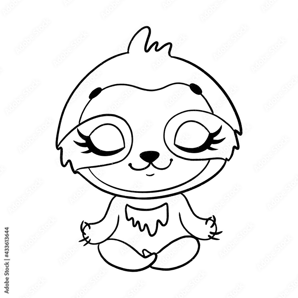 Fototapeta premium Doodle cute cartoon animals meditate. Tropical jungle animals yoga. Sloth meditation coloring page.