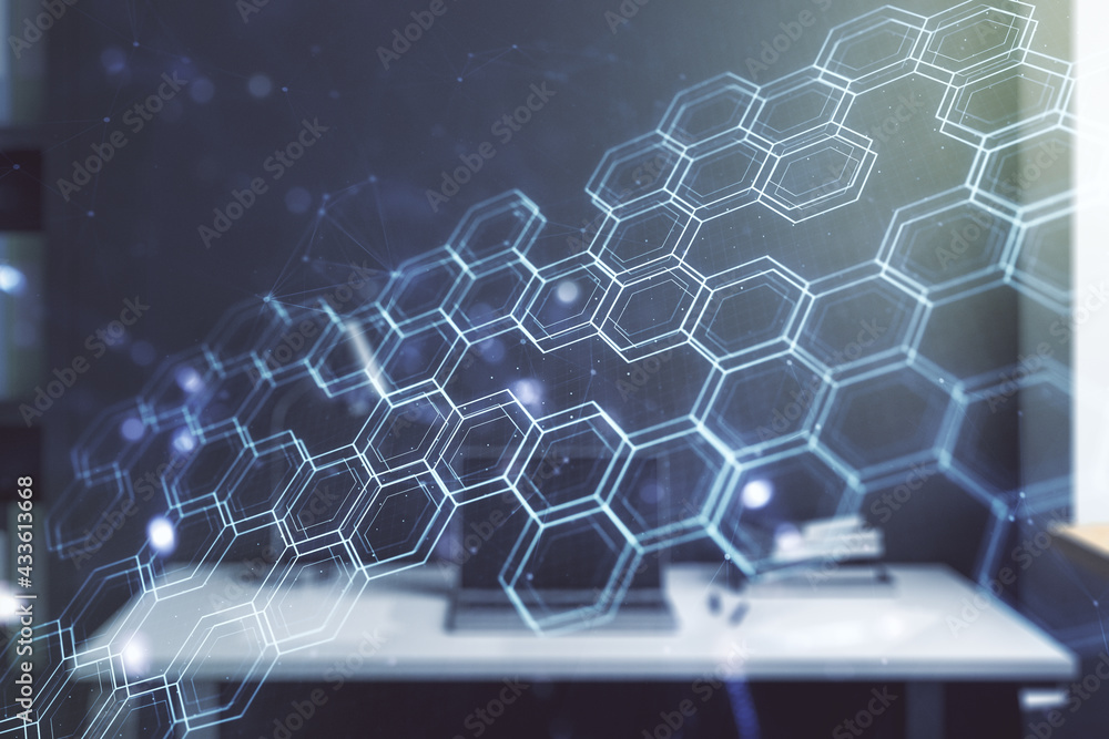 Obraz premium Double exposure of technology hologram with hexagon and modern desktop with laptop on background. Research and development software concept