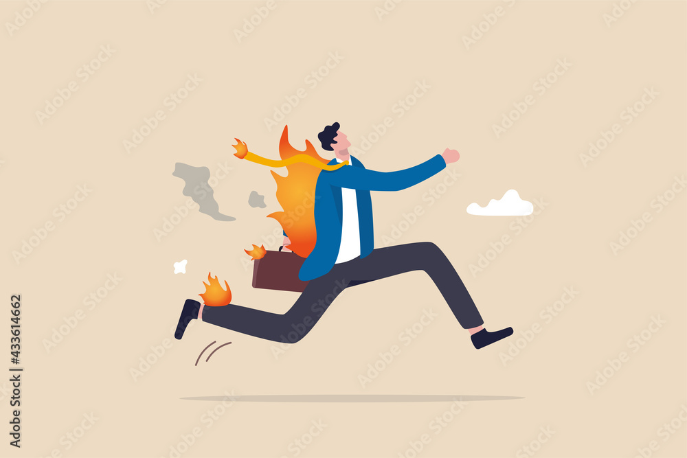 Business deadline, rush hour situation or in hurry to complete work concept, overworked businessman running on fire.
