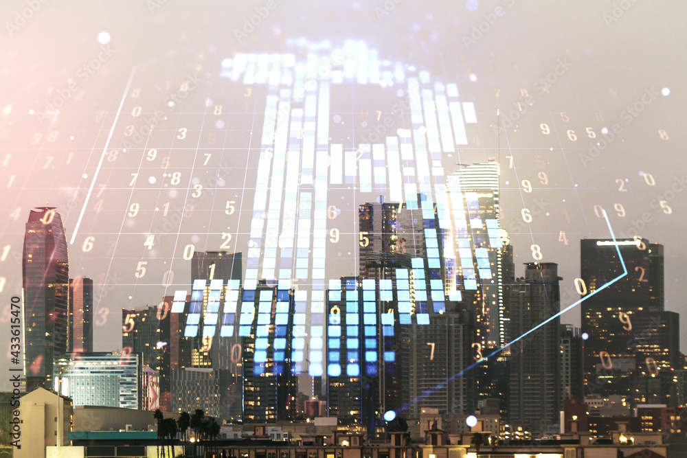 Double exposure of creative Bitcoin symbol hologram on Los Angeles city skyscrapers background. Cryptocurrency concept