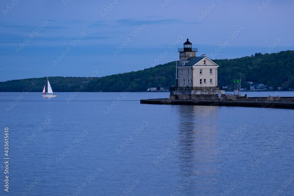 Kingston, NY - USA- May 12, 2021: a landscape view of the Rondout Lighthouse, a lighthouse on the west side of the Hudson River at Kingston, New York.