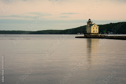 Kingston  NY - USA- May 12  2021  a landscape view of the Rondout Lighthouse  a lighthouse on the west side of the Hudson River at Kingston  New York.