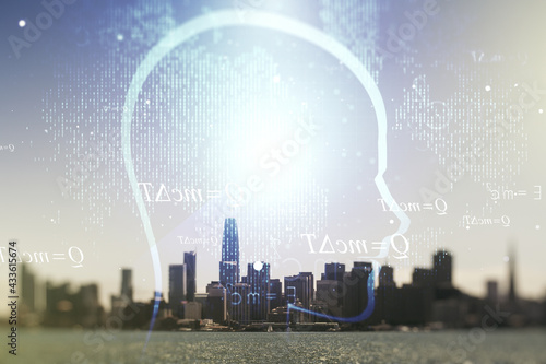 Abstract virtual artificial Intelligence concept with human head sketch on San Francisco cityscape background. Double exposure