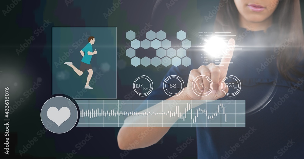 Fototapeta premium Composition of digital fitness icons over mixed race woman