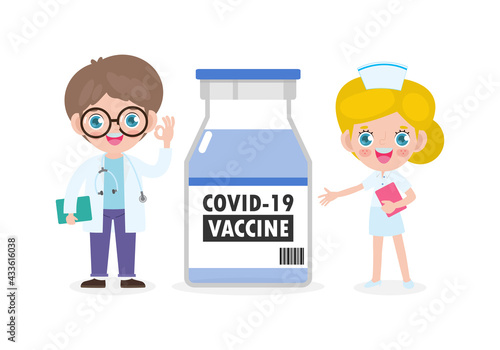 COVID-19 or coronavirus (2019-nCoV) vaccine concept. happy  caucasian Doctors team with Vaccine vial, Medical staff doctor and nurse, group of medics isolated on white background vector illustration