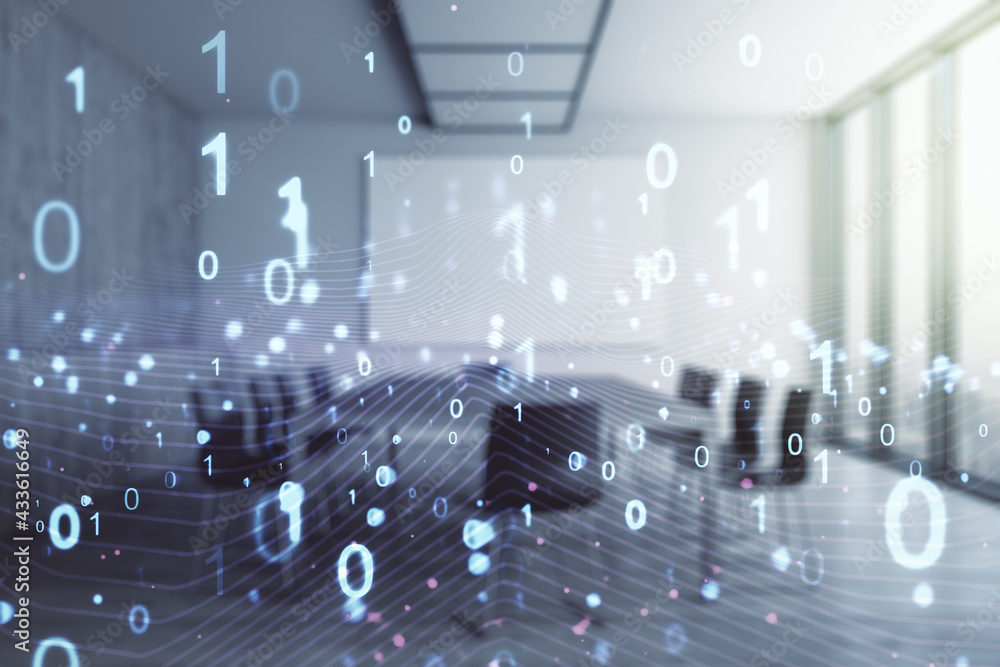Obraz premium Abstract virtual binary code illustration on a modern conference room background. Big data and coding concept. Multiexposure