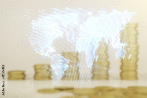 Abstract creative digital world map on coins background, globalization concept. Multiexposure