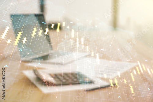 Wallpaper Mural Multi exposure of abstract financial diagram and world map on calculator and pc background, banking and accounting concept Torontodigital.ca