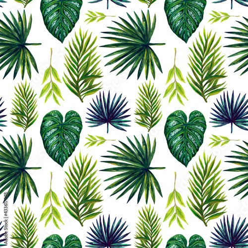 Watercolor illustration Botanical collection green tropical leaves foliage leaves Set of wild and abstract seamless pattern