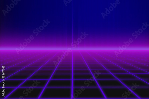1980's inspired retro neon light grid in violet tones as a background template for a computer porter, retro game environment, virtual reality concept photo