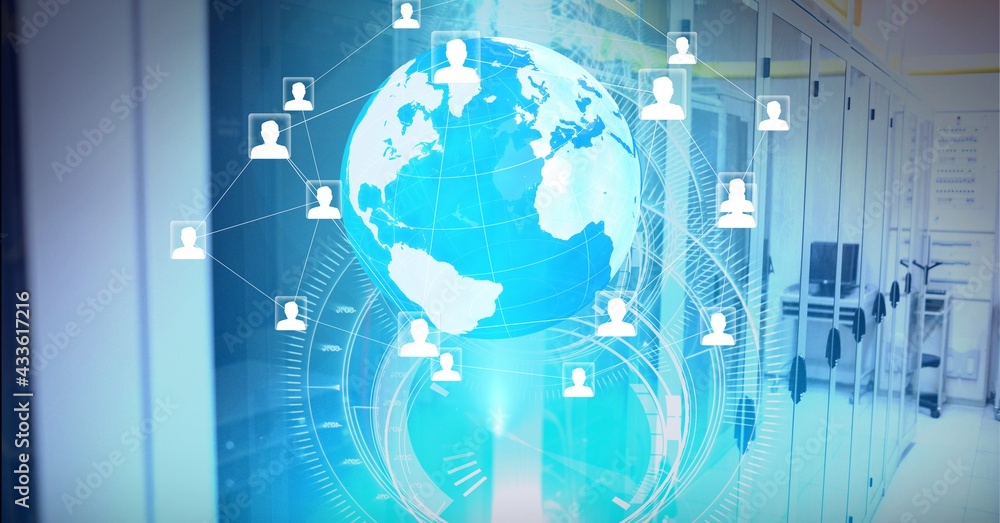 Fototapeta premium Composition of network of people icons globe and scope scanning over computer servers