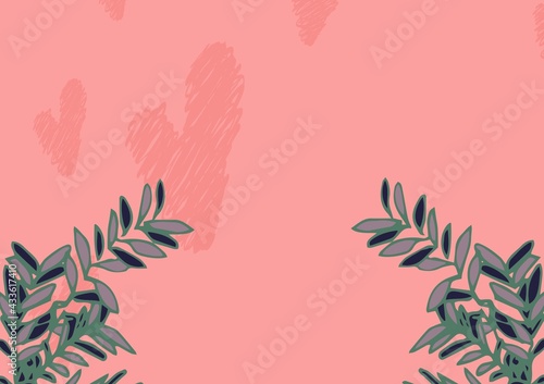 Composition of leaves with pink hearts on pink background