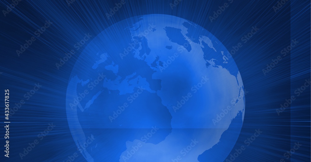 Digitally generated image of light trails over globe against blue background