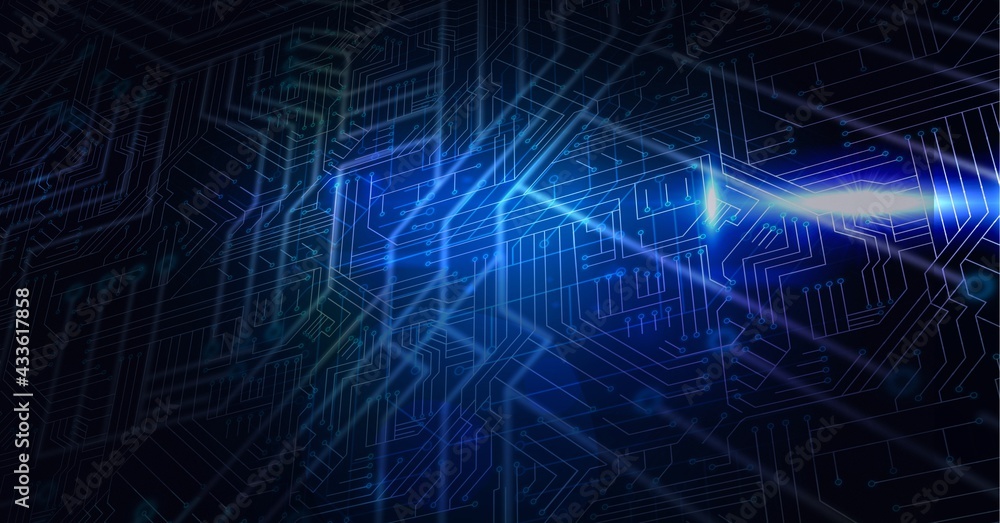 Digitally generated image of glowing blue microprocessor connections against black background