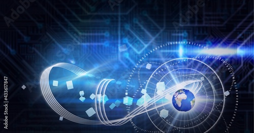 Blue microprocessor connections and round scanner over globe against black background