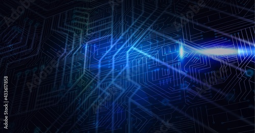 Digitally generated image of glowing blue microprocessor connections against black background