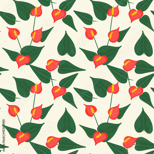 Seamless botanical pattern with red flowers . Red anthurium with leaves