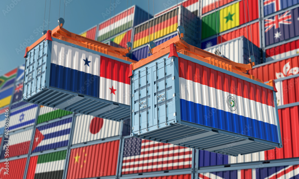 Freight containers with Panama and Paraguay national flags. 3D Rendering 