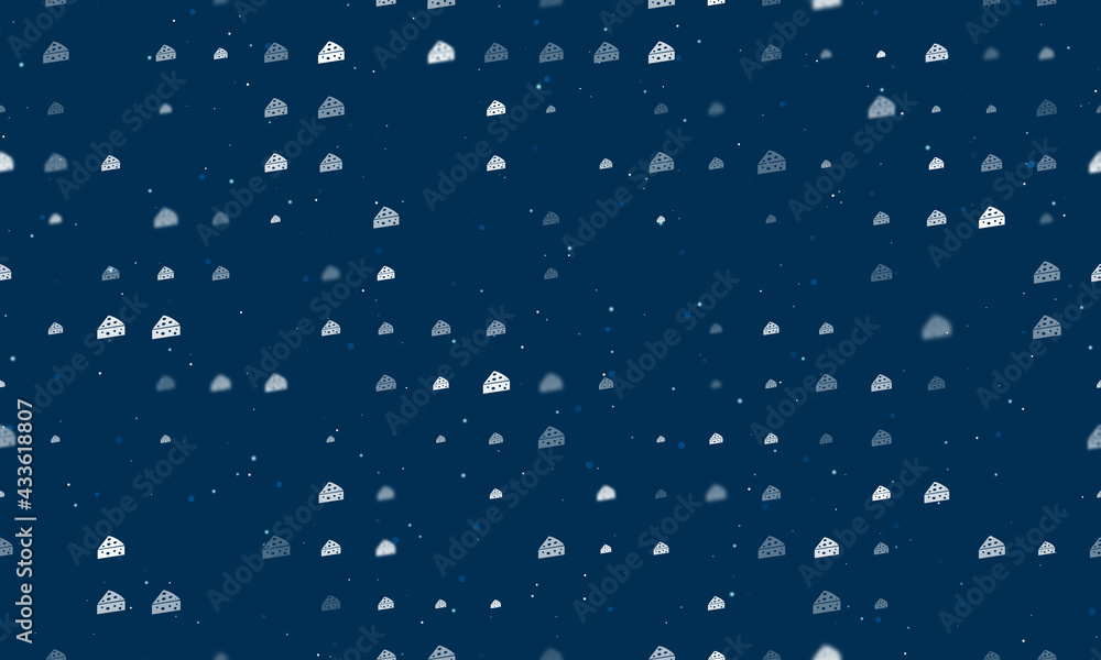 Seamless background pattern of evenly spaced white cheese symbols of different sizes and opacity. Vector illustration on dark blue background with stars