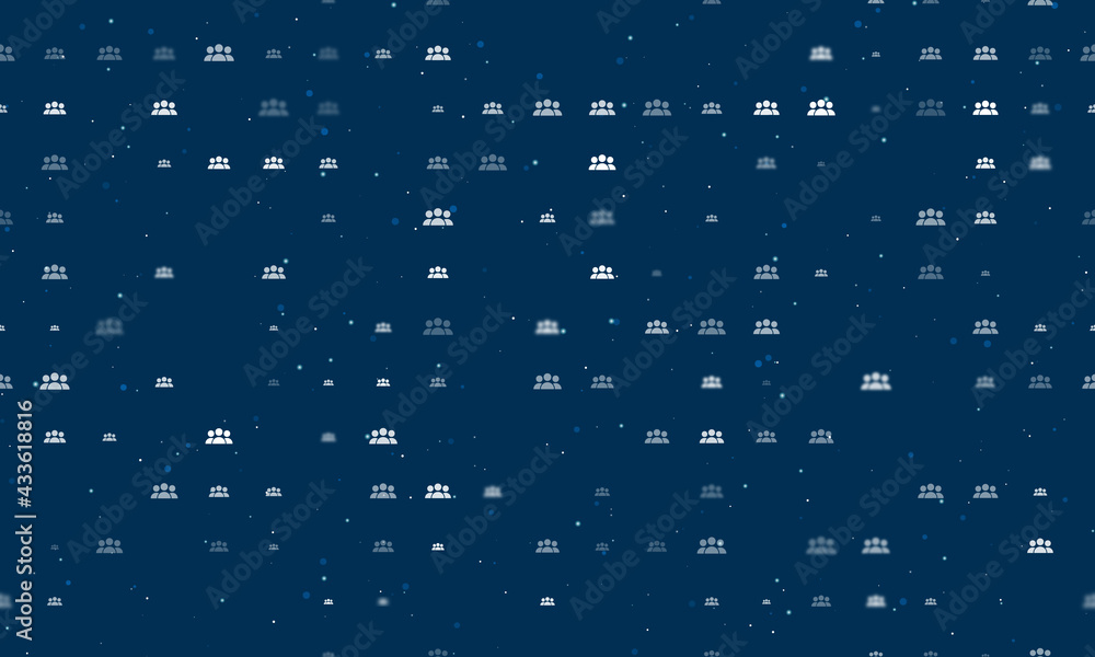 Fototapeta premium Seamless background pattern of evenly spaced white people symbols of different sizes and opacity. Vector illustration on dark blue background with stars