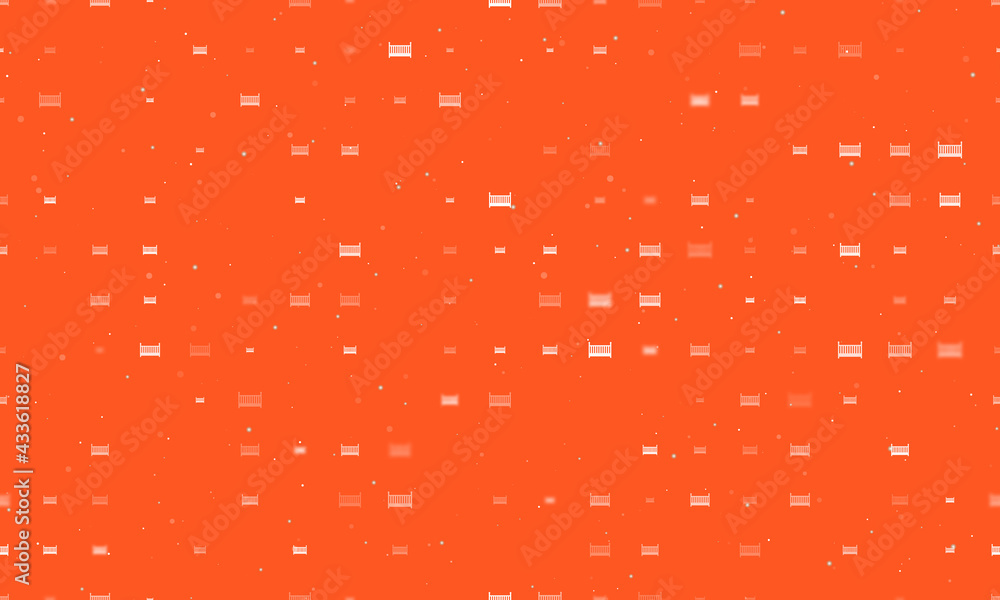 Seamless background pattern of evenly spaced white baby cot symbols of different sizes and opacity. Vector illustration on deep orange background with stars