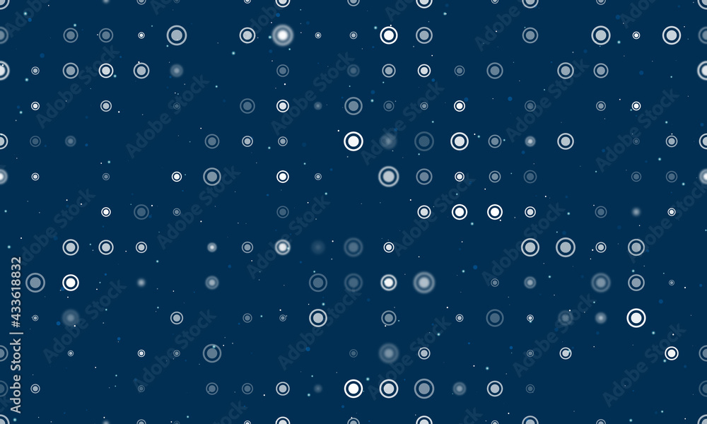 Seamless background pattern of evenly spaced white radio button symbols of different sizes and opacity. Vector illustration on dark blue background with stars