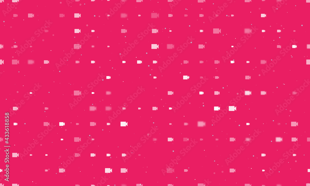 Seamless background pattern of evenly spaced white video camera symbols of different sizes and opacity. Vector illustration on pink background with stars