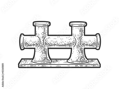 Mooring bollard bitts sketch engraving vector illustration. T-shirt apparel print design. Scratch board imitation. Black and white hand drawn image.