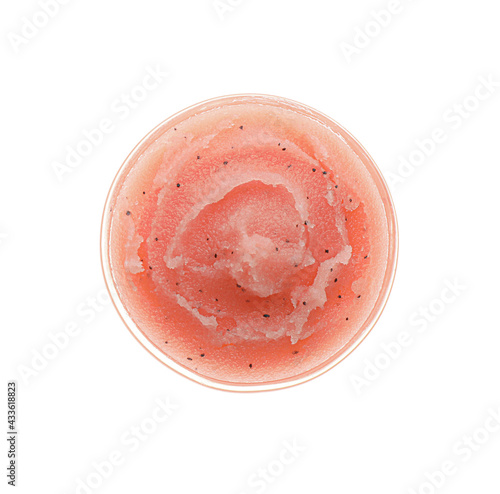 Bowl of pink body scrub isolated on white, top view