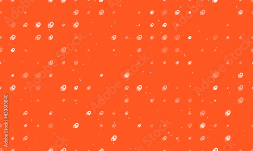 Seamless background pattern of evenly spaced white real estate location symbols of different sizes and opacity. Vector illustration on deep orange background with stars