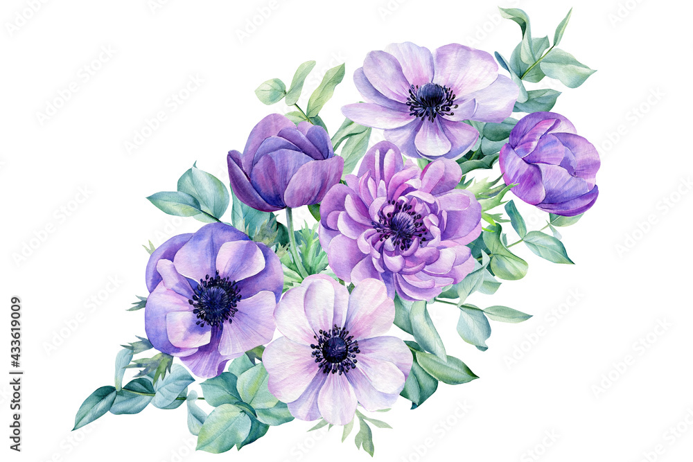 Wedding bouquet flowers, anemones and leaves eucalyptus on a white background, watercolor illustration