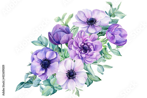 Wedding bouquet flowers  anemones and leaves eucalyptus on a white background  watercolor illustration