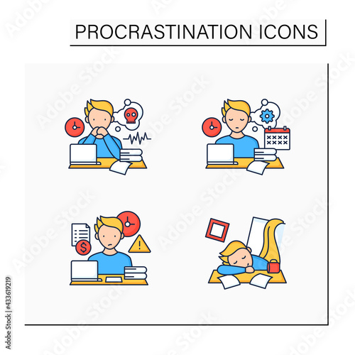 Procrastination color icons set. Worrier, defier procrastinator, mess, late payments. Overwhelmed concept. Isolated vector illustrations