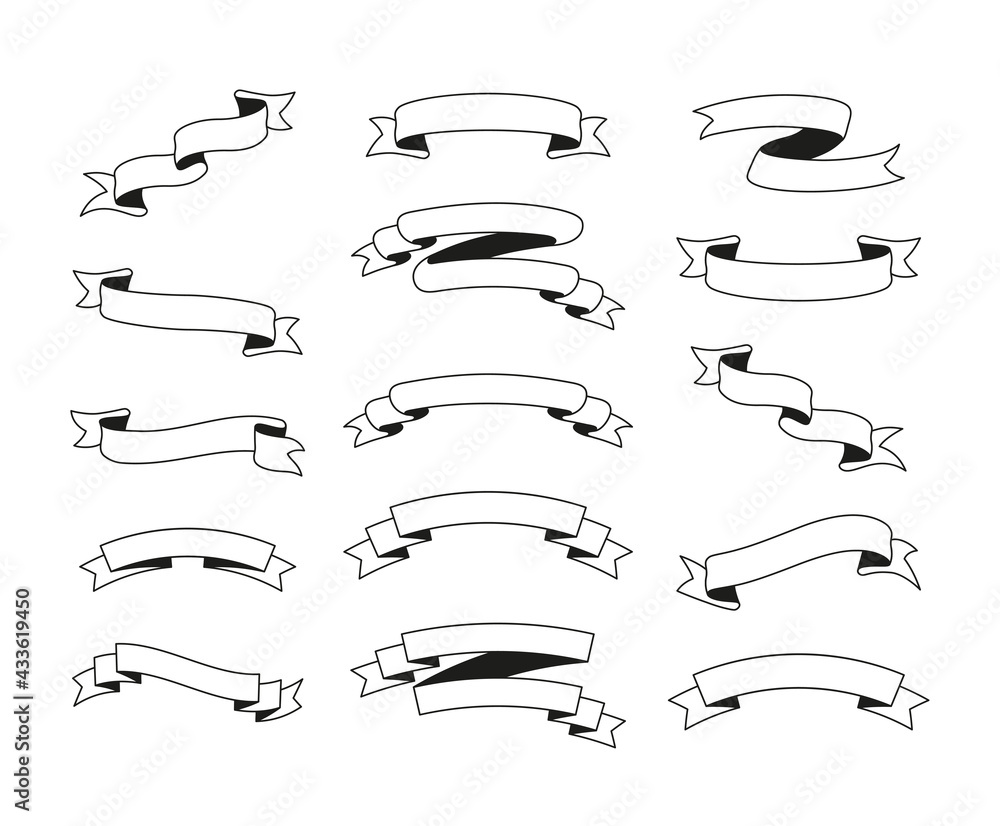 Set of Ribbon banners isolated on transparent background. Vector outline style illustrations.