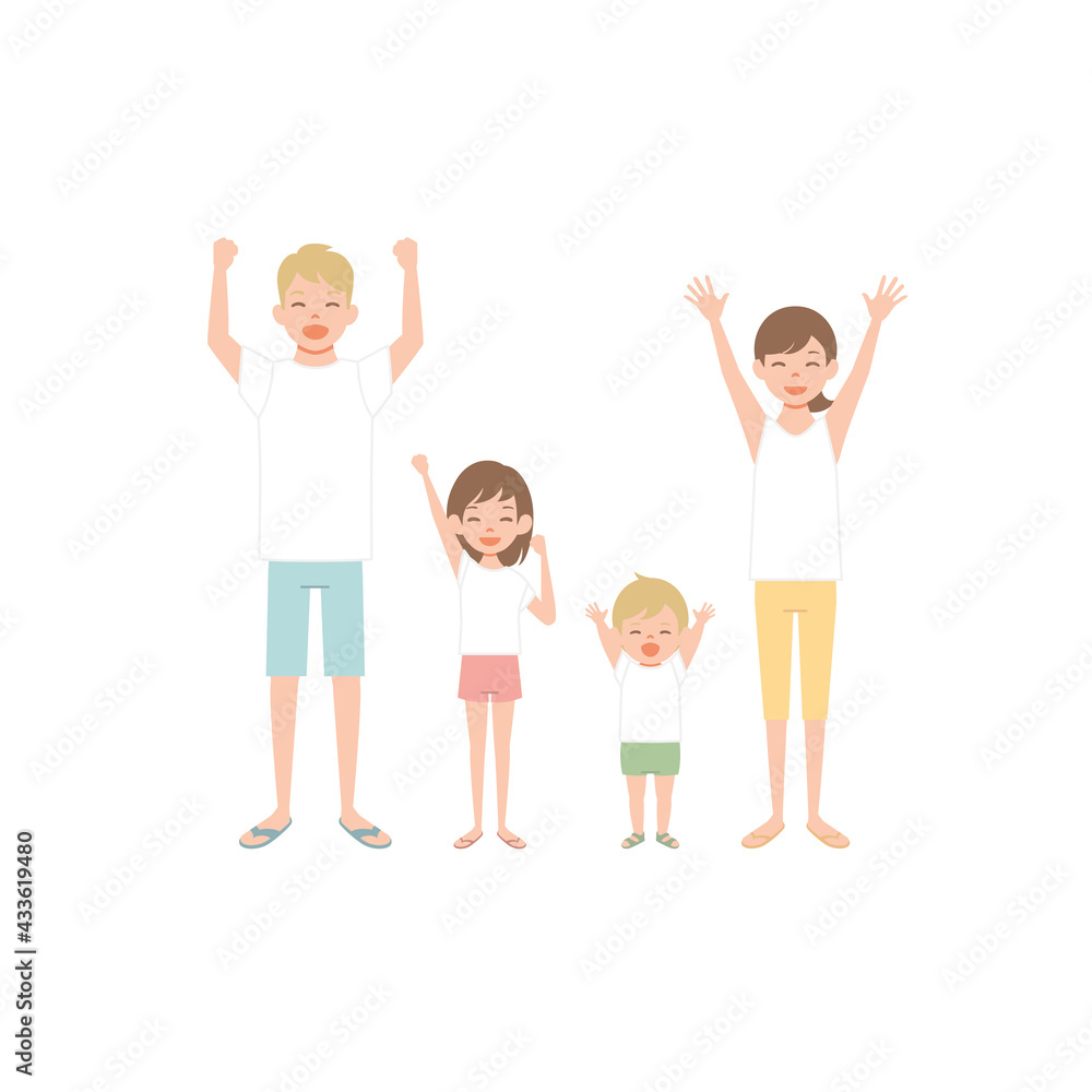 Naklejka premium Family portrait. Happy family standing together with raised hands. Smiling parents and child isolated on white background. Colorful vector illustration in flat style