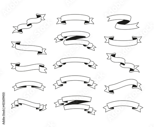 Set of Ribbon banners isolated on transparent background. Vector outline style illustrations.