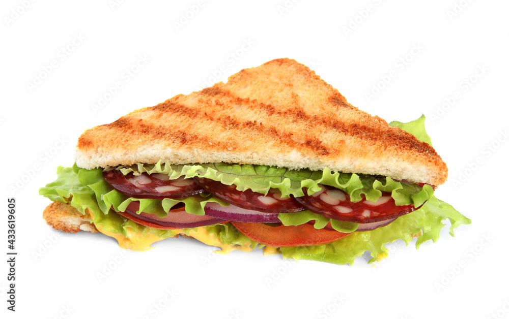 Tasty sandwich with salami isolated on white Tasty sandwich with salami isolated on white