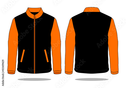 Orange-Black Jacket Design on White Background, Front and Back Views, Vector File.