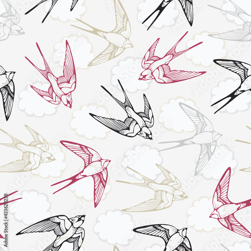 Swallow bird vector seamless pattern, hand drawn