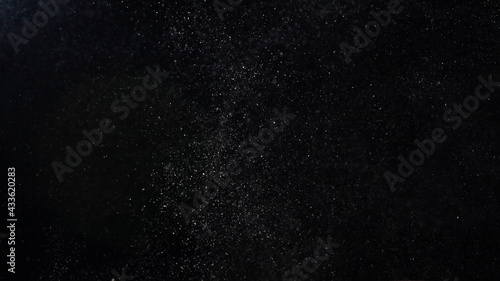 Small white fly particles fly on a black background
