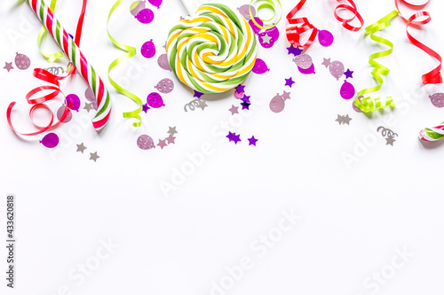 birthday party set with confetti on white background top view mock up
