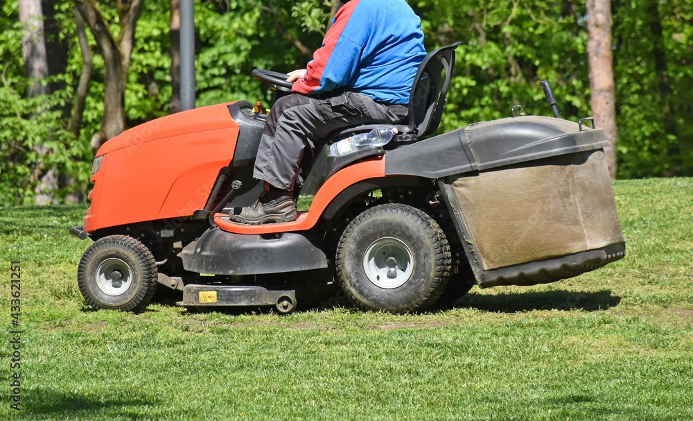 Fototapeta premium Lawn mower vehicle next to the woods