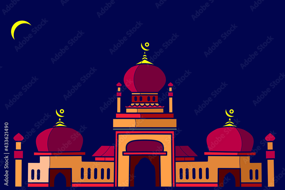 Isolated Muslim mosque flat design facade background. Flat Islamic colorful logo architectural objects. Abstract vector cartoon. Beautiful Muslim shrine icon illustration. Eastern cultural  landmark.