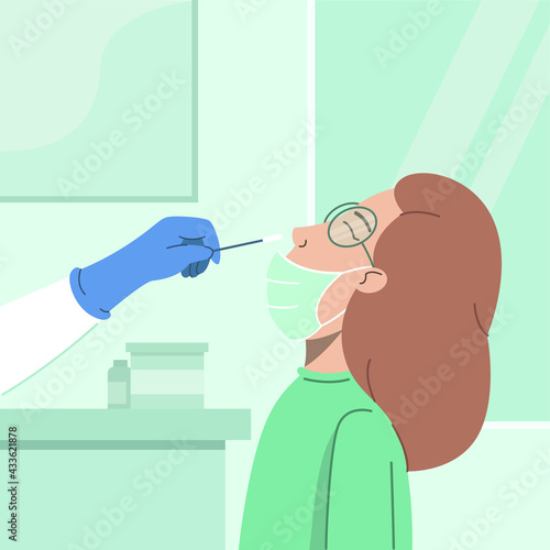 Young woman in medical face mask taking coronavirus test with nasal swab probe in hospital laboratory. Patient receiving a Covid-19 test. Flat vector illustration of coronavirus diagnostics.