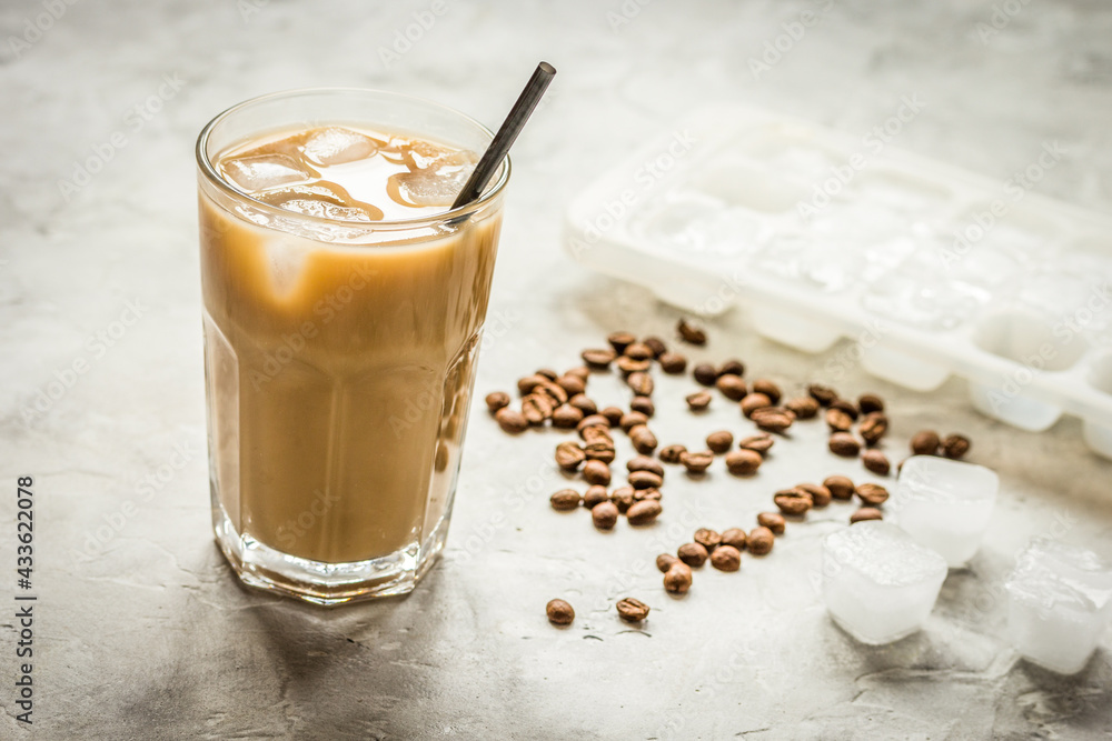 iced coffee with beans for cold summer drink on stone background - obrazy, fototapety, plakaty 