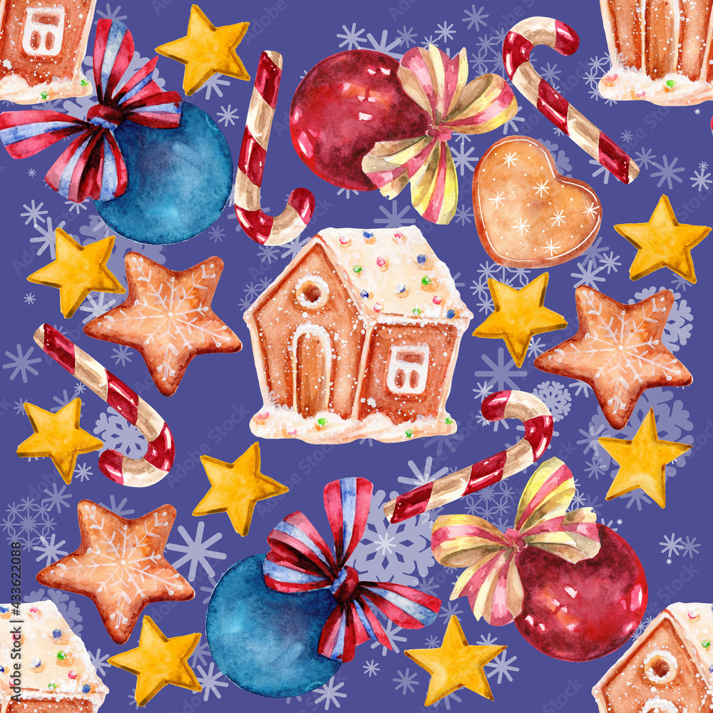 Bright, seamless, Christmas, New Year's pattern in the form of a gingerbread house, balls in bows, candies, mistletoe, boots with holly. 800 dpi watercolor illustrations.
