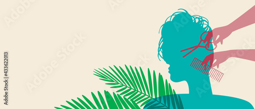 Men's haircut, copy space template, silhouette vector stock illustration with client in hairdressing salon with leaves with place for text