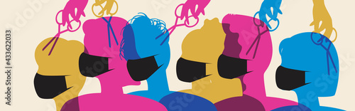 People wearing face masks cutting hair during covid lockdown, silhouette vector stock illustration with protection from virus in a barbershop