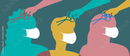 Service in a hairdressing salon, covid lockdown, silhouette vector stock illustration with clients in a hairdressing salon wearing a face mask for protection from covid